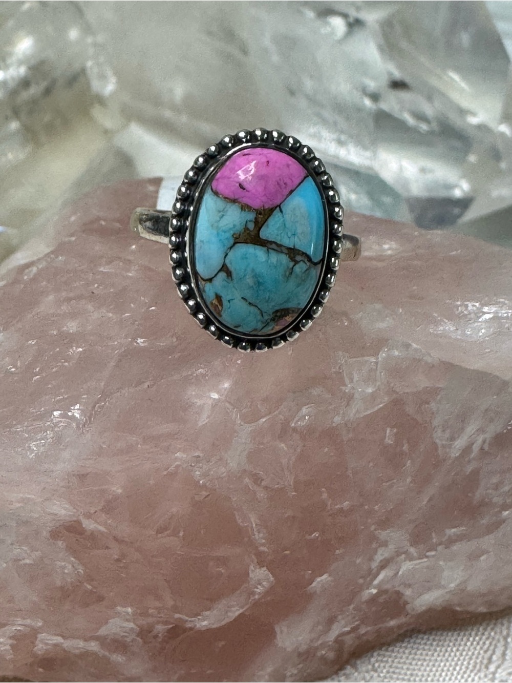 Kingman Cotton Candy Turquoise Dahlia Sterling Silver Oval Statement Ring Size 8